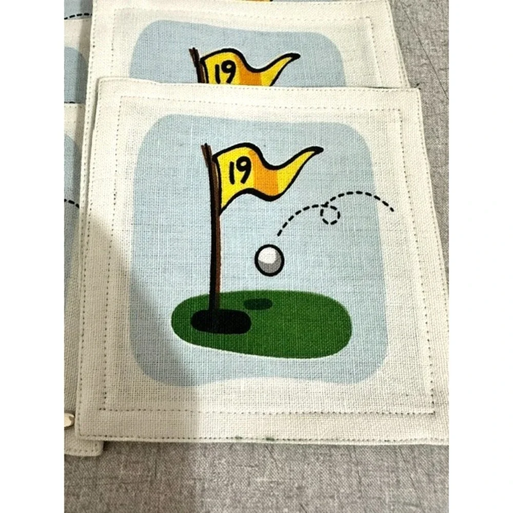 6 Cotton Cloth 19th Hole Drink Coasters & Set of 6 Golf Club Drink Stirrers